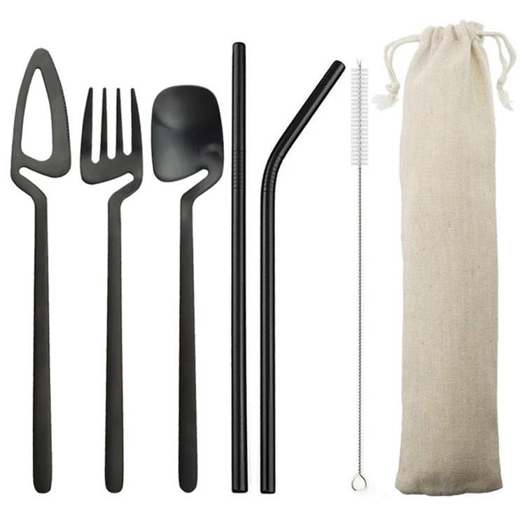 Cross-Border Western-Style 7-Piece Portable Cutlery Set Hanging Cup Cutlery Set Stainless Steel Travel Camping Cutlery