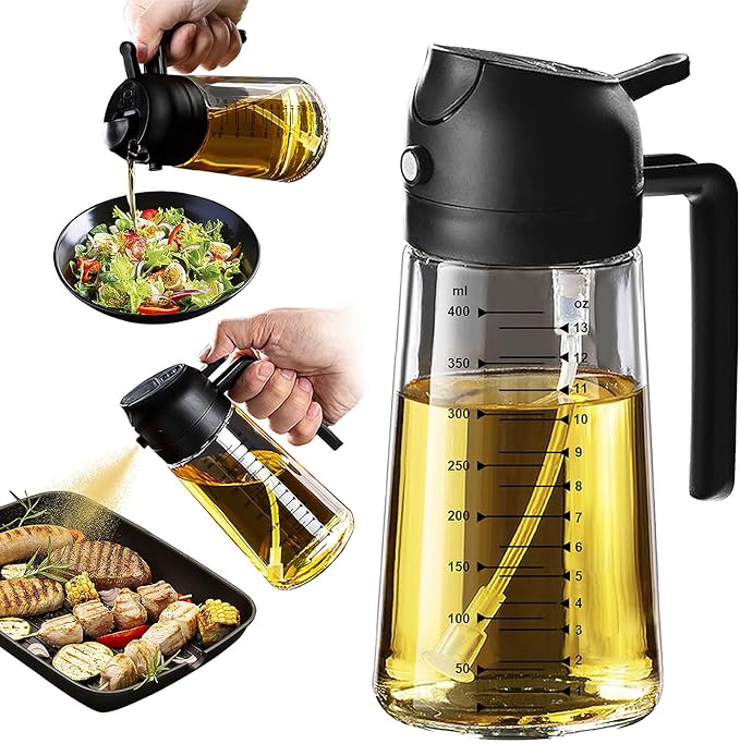 TrendPlain 16oz/470ml Glass Olive Oil Sprayer for Cooking – Olive Oil Dispenser Bottle for Kitchen Gadgets and Air Fryer Accessories, Salad, BBQ - Black