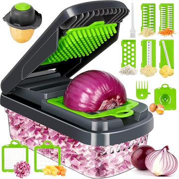 Vegetable Chopper,12-in-1 Multifunctional Food Chopper,Professional Onion Chopper with 7 Blades,Vegetable Cutter with Container for Salad,Potato,Carrot,and Garlic; Essential Kitchen Tool