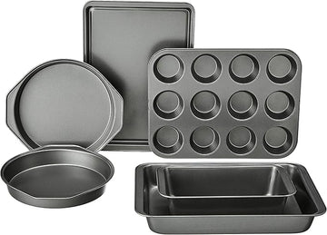 Basics 6 Piece Nonstick, Carbon Steel Oven Safe Bakeware Set with Cake, Muffin, Cookie, and Loaf Pans, 6 Piece, 16.25 x 11.75 x 6.25 inches