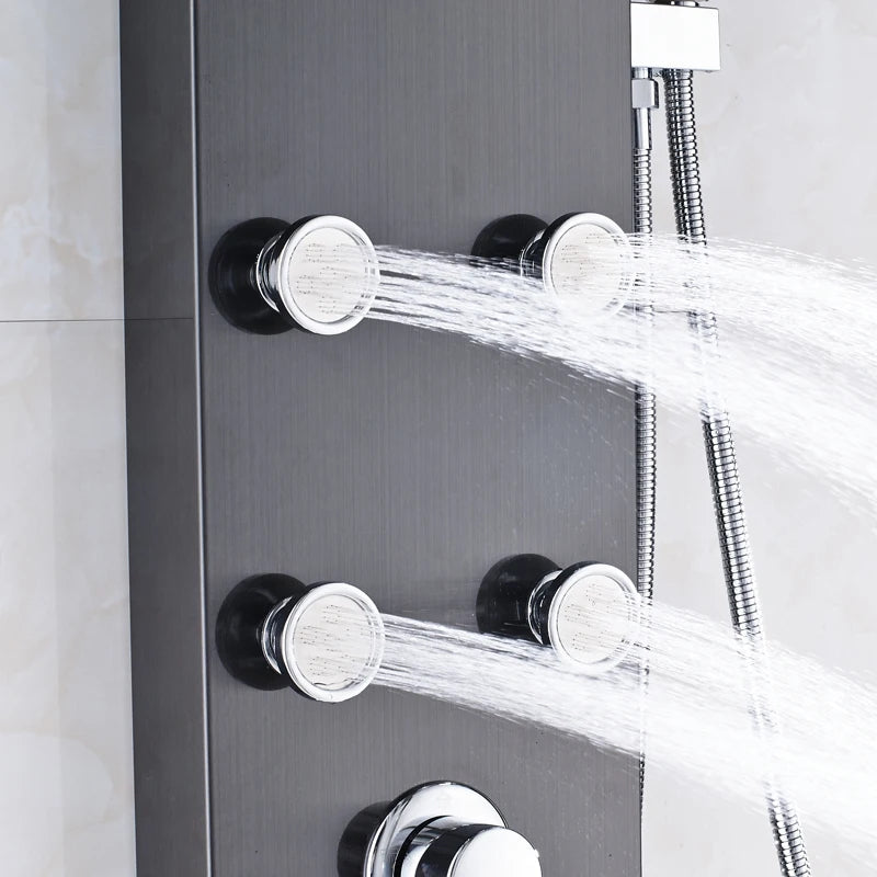 Waterfall 6pc Massage Jets Rain Shower Column Thermostatic Mixer Shower Faucet Tower W/Hand Shower Tub Spout Black Shower Panel