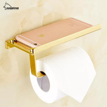 Stainless Steel Toilet Paper Holder Resistant European Golden Tissue  Rack With Mobile Phone  Chrome Finish Bath Set