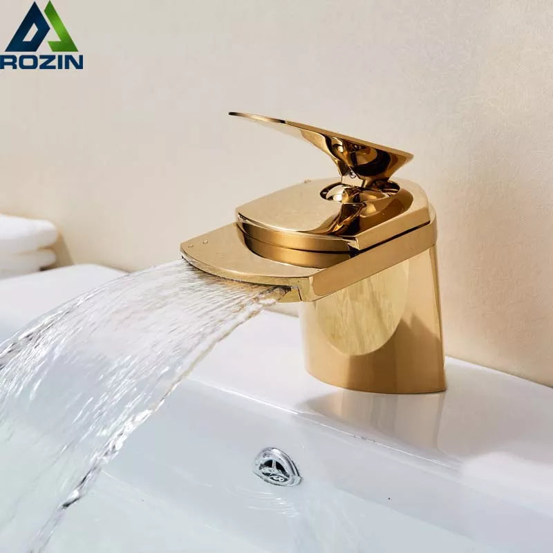 Golden Waterfall Spout Basin Vessel Sink Faucet Deck Mount Golgen Brass Hot Cold Mixer Tap for Bathroom Chrome Vanity Sink Tap