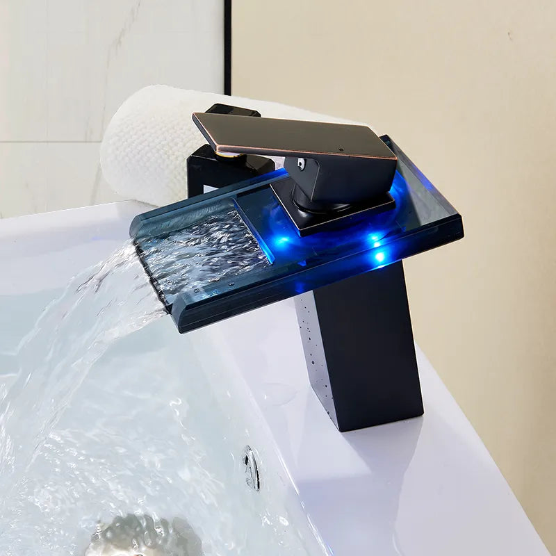 LED RGB Colors Basin Sink Faucet Deck Mount Waterfall Brass Bathroom Vessel Sink Mixer Tap Chrome Finish
