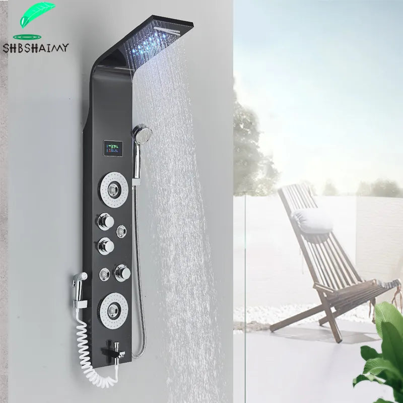 Black LED Light Shower Panel Rainfall or Waterfall ShowerHead SPA Massage Jet Bathroom Shower Column System Bidet Sprayer Faucet