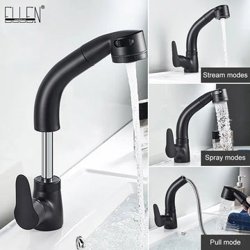 Pull Out Bathroom Sink Faucet Hot and Cold Water Mixer Crane Lift Up and down Chrome Finished 360 Degree Water Mixer Tap ELF106