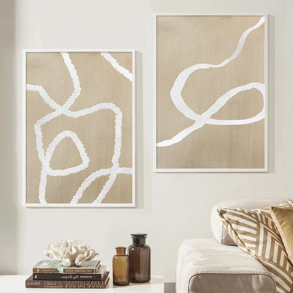 Abstract Line Beige White Boho Wall Art Canvas