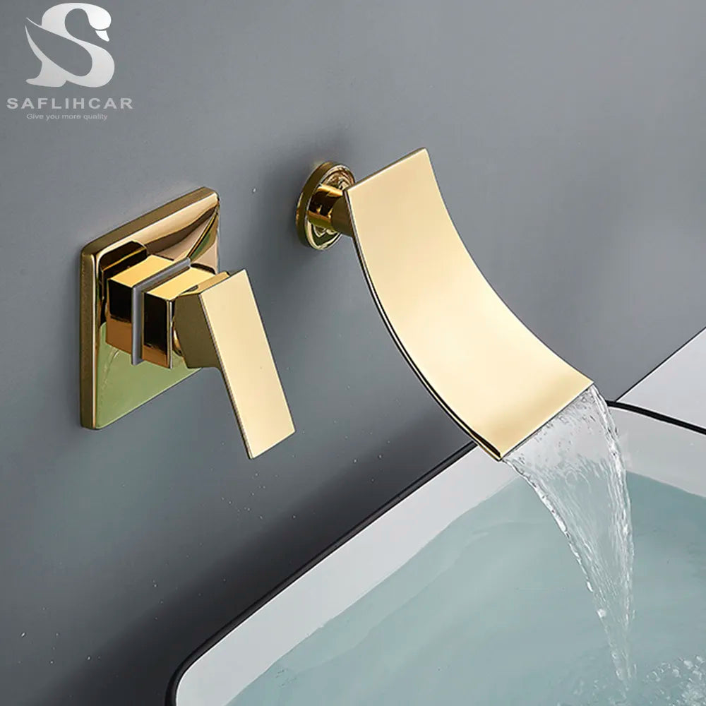 SAFLIHCAR Matte Black/Chrome Bathroom Faucet Wall Mounted Waterfall Basin Faucets Washing Basin Taps Hot & Cold Water Mixer Tap