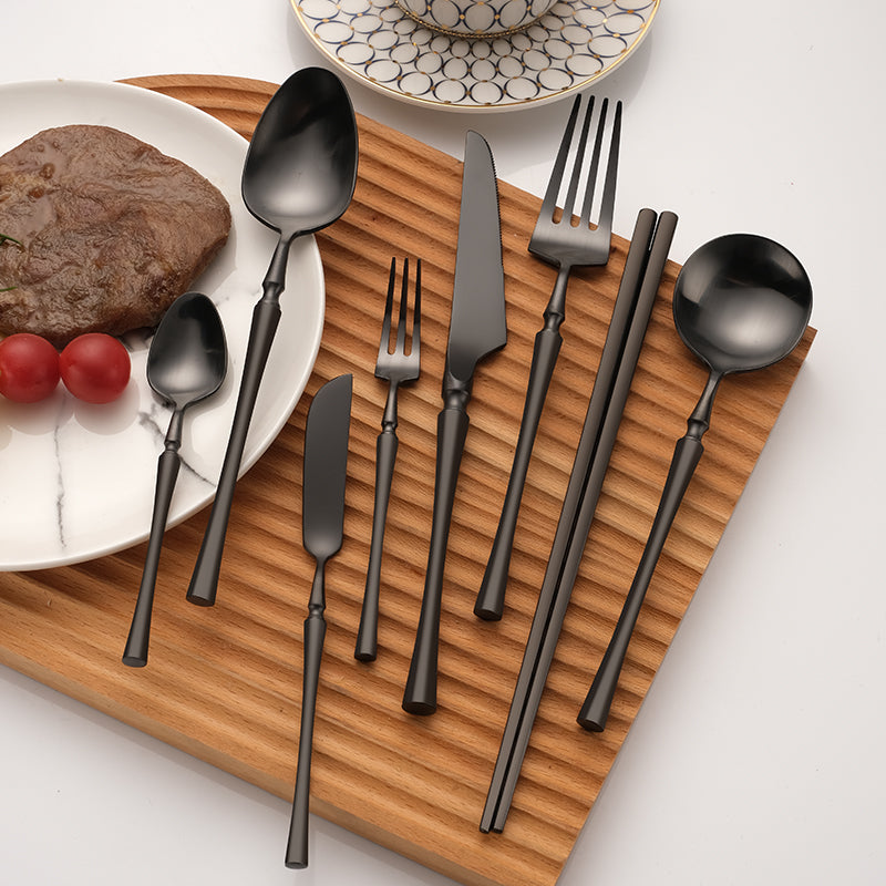 Matte Black Stainless Steel Luxury Cutlery Tableware Knife Coffee Ice Spoon Fork Chopsticks Flatware Set